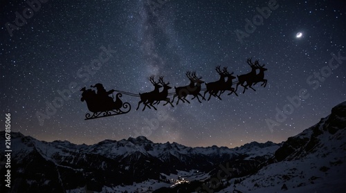 Santa Claus silhouette in sleigh pulled by reindeer across starry night sky over snowy mountains