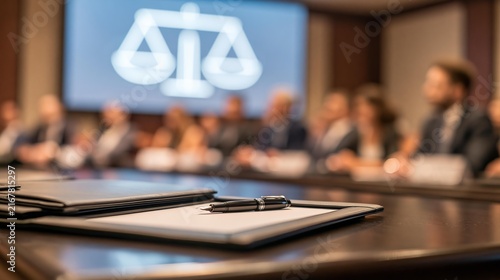 Fountain pen resting on notepad document conference table courtroom scales justice background