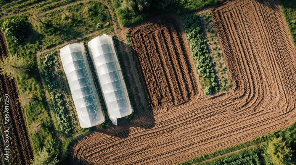 Obraz premium Aerial view of two white polytunnel greenhouses on a farm. Freshly plowed brown earth surrounds the structures with green crops growing nearby. Agricultural pattern forms on the land.