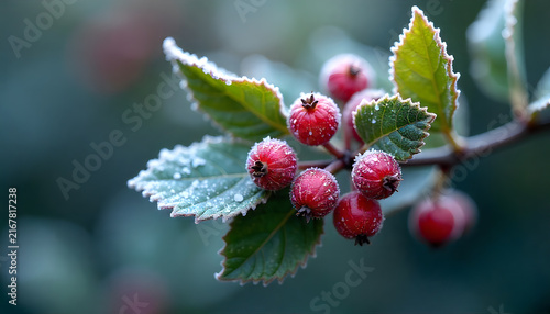 Frost-Covered Red Berries in Winter Nature Close-Up