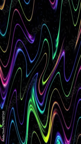 Neon light glowing wave fluid lines on black abstract background for modern vertical mobile reels