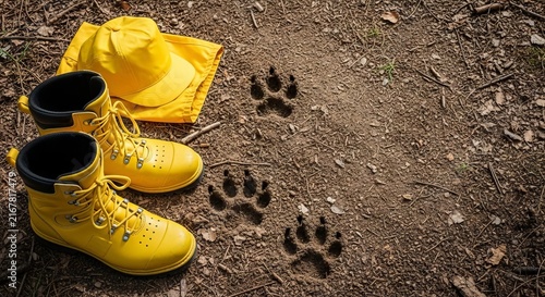 Yellow protective boots and gear are seen near wild animal tracks impressed on the soft soil of a lush, regenerated woodland terrain, outdoors, conservation, tracking