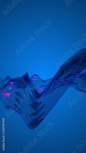 Blue digital wireframe landscape grid flowing on dark background for tech motion design