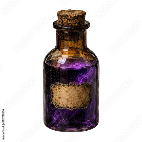 Purple magic potion bottle illustration with cork and label on white