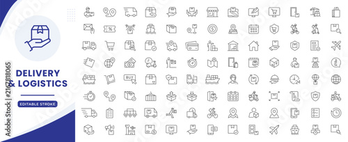Delivery and logistics icon set. Parcel shipping, shipment tracking,courier transport service, express mail, package handling, warehouse workflow. Editable icons collection.