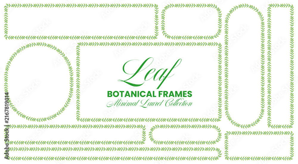 Obraz premium Green laurel vine borders shape rectangle, circle, strip plus tag frames beside botanical title text as minimal wedding trim isolated on white for invitation stationery, labels or scrapbook crafts.
