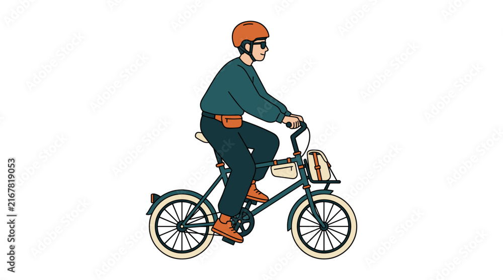 Fototapeta premium Flat vector illustration of a man riding a dark green commuter bicycle equipped with frame bags and wearing an orange safety helmet, isolated on a white background for urban travel and lifestyle