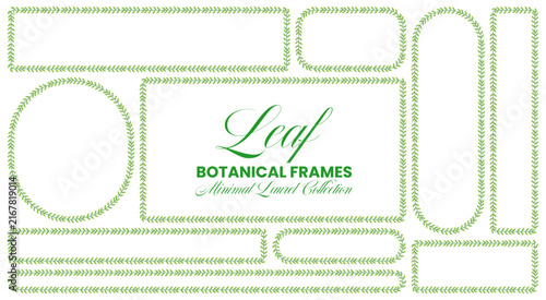 Green laurel vine borders shape rectangle, circle, strip plus tag frames beside botanical title text as minimal wedding trim isolated on white for invitation stationery, labels or scrapbook crafts.
