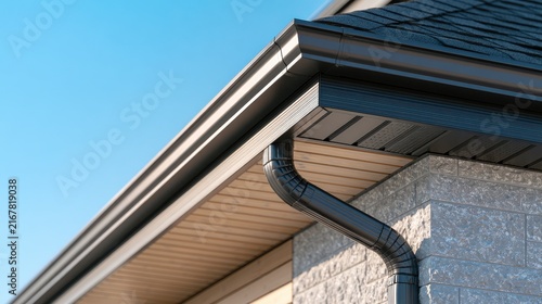 A new modern residential roof features black seamless aluminum gutters against a clear blue sky. This showcases professional home improvement and exterior maintenance services.