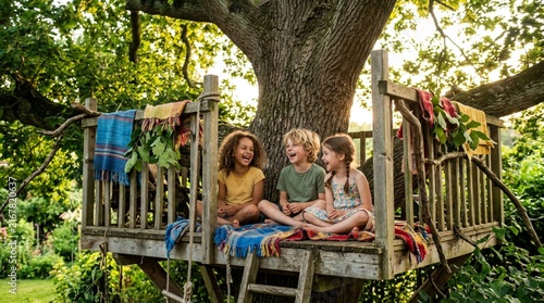 Three laughing happy children sitting together on a rustic wooden backyard treehouse platform built around a thick oak tree, draped with colorful striped blankets bathed in warm golden sunlight