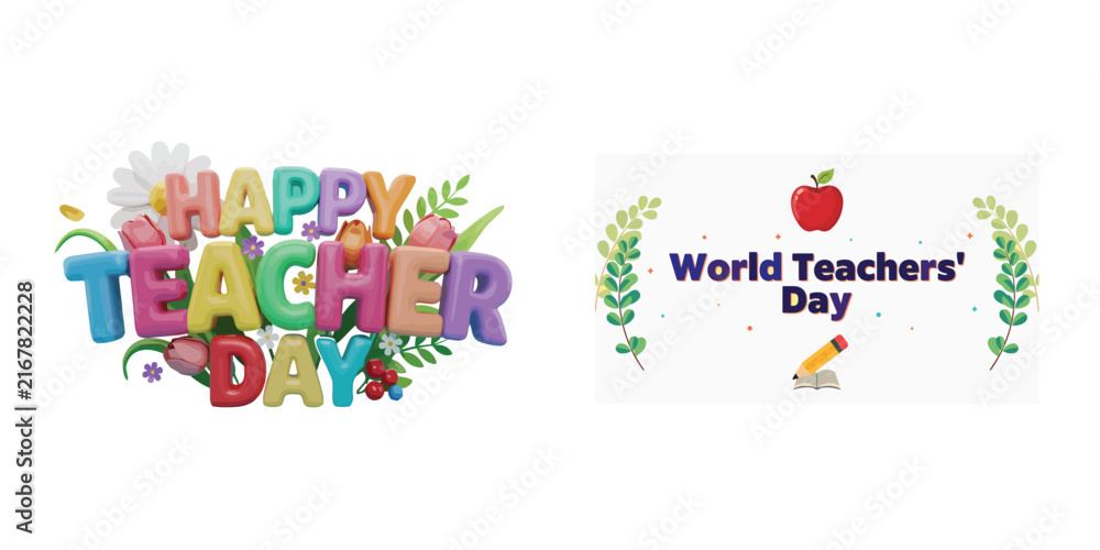Fototapeta premium Happy World Teachers Day Typography Design With Colorful School Elements, Apple, Pencil, Books, Floral Leaves And Educational Celebration Theme