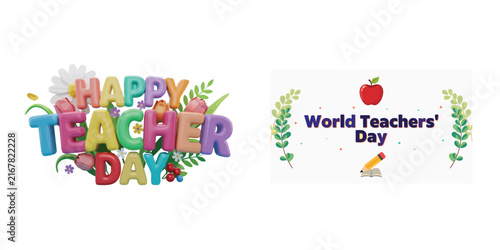 Foto Happy World Teachers Day Typography Design With Colorful School Elements, Apple,