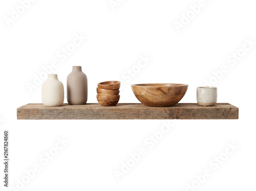 Neutral Ceramic Vases and Pottery Arranged on a Minimalist Wooden Shelf, Scandinavian Home Decor Display for Interior Styling, Living Room and Product Photography