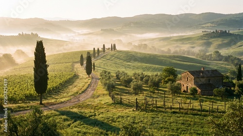 Tuscan Hills Sunrise Landscape with Cypress Trees Dirt Path Stone Villa and Vineyard
