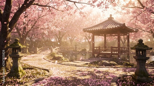 Serene Japanese Garden with Blooming Cherry Blossom Trees Pavilion Stone Bridge and Falling Petals

