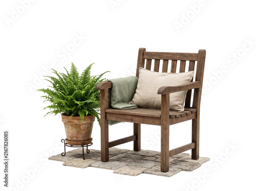 Wooden Outdoor Lounge Chair with Cushions and Potted Green Plant Isolated on White, Cozy Patio Furniture for Garden, Balcony, Terrace and Resort Decor