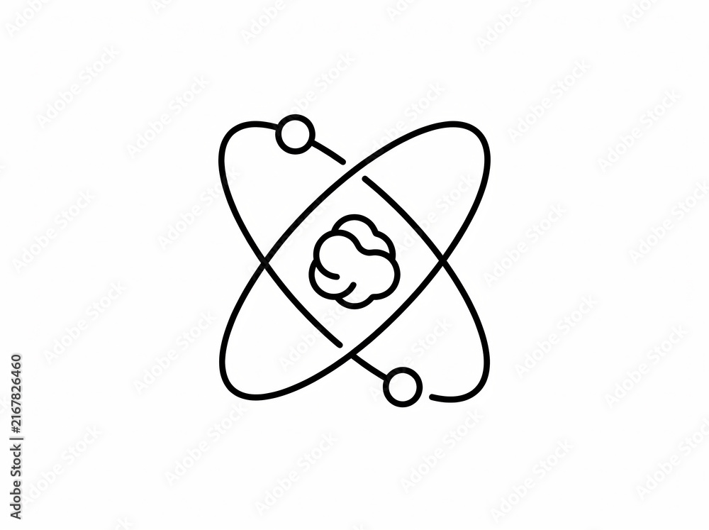 Fototapeta premium Minimalist outline atom symbol graphic, representing science, electrons orbiting nucleus, clean black-white design studio asset.
