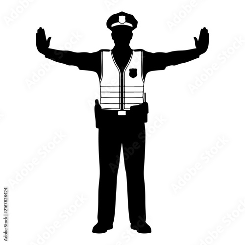 Silhouette of Traffic Police Officer with Arms Raised.