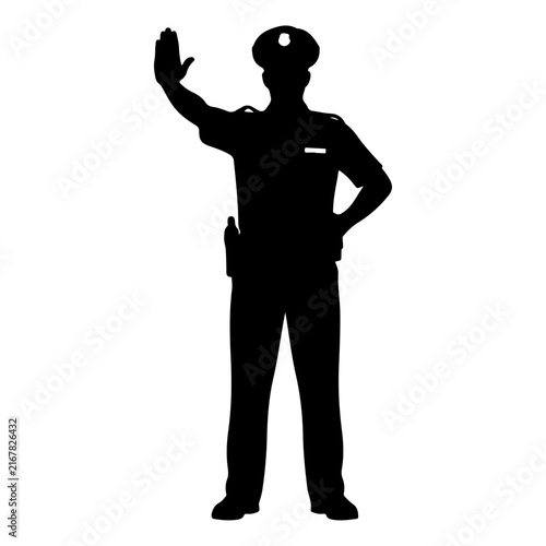Silhouette of Police Officer Waving Hand in Uniform.