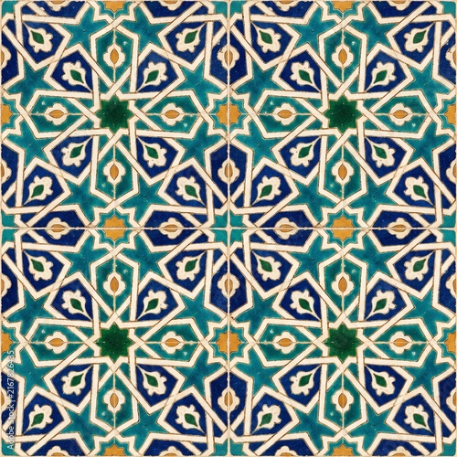 Traditional Arabesque Geometric Tile Pattern in Blue, Green and Cream, Ornamental Islamic-Inspired Surface Background for Interior Design, Architecture and Crafts