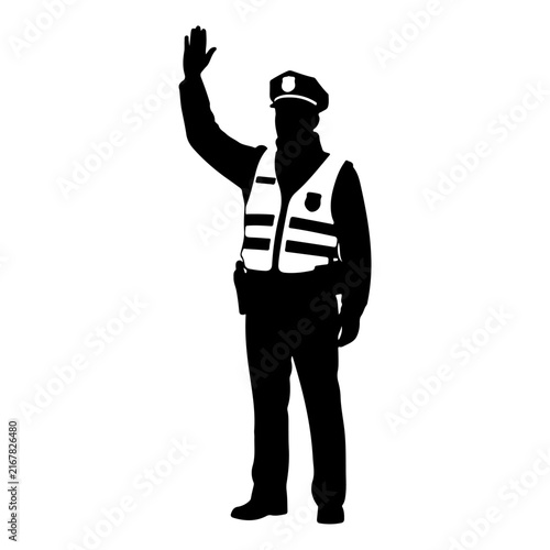 Silhouette of a Traffic Police Officer Waving Hand.