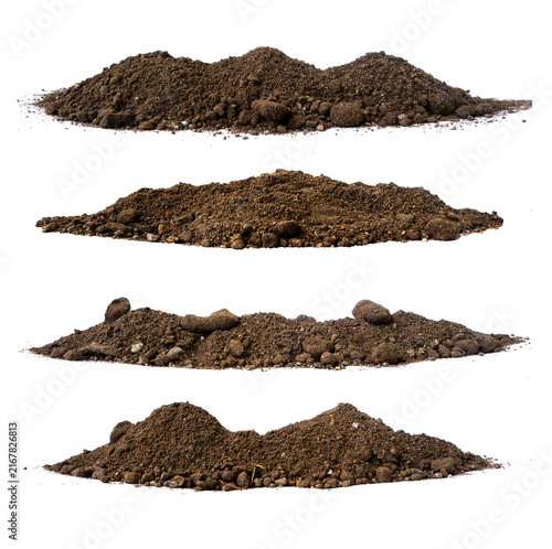a collection of separate piles of dirt on a white background