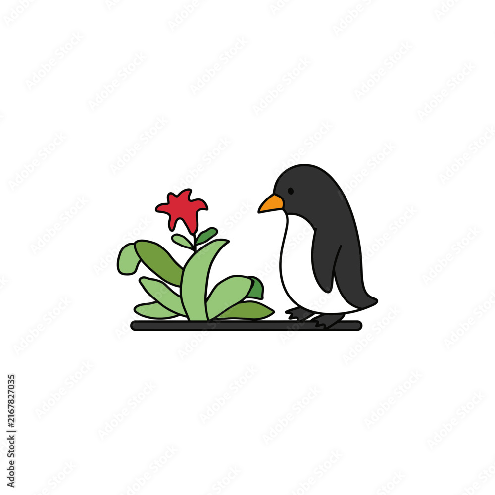 Fototapeta premium Penguin Standing Next to Red Flower Green Plant Illustration.