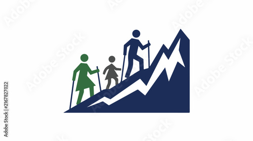 A minimalist geometric logo of a family of three (father, mother, and child) hiking up a steep, stylized mountain slope. The figures are simplified into clean, sharp geometric shapes. Bright