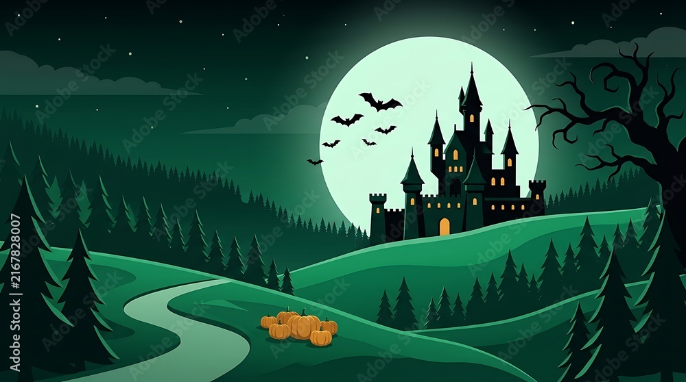 Fototapeta premium Spooky halloween landscape with a dark castle silhouetted against a bright full moon and winding path