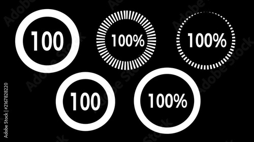 Minimal circular progress indicator collection showing 100 percent completion with solid and segmented ring designs on a black background.