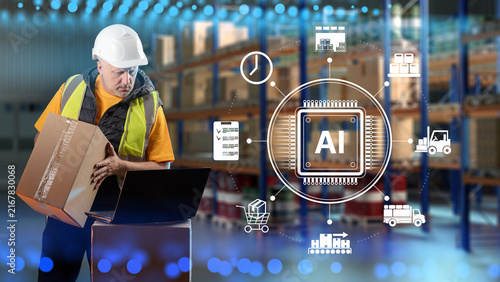AI warehouse logistics, worker uses artificial intelligence to manage inventory, orders, cargo handling and automated distribution processes.