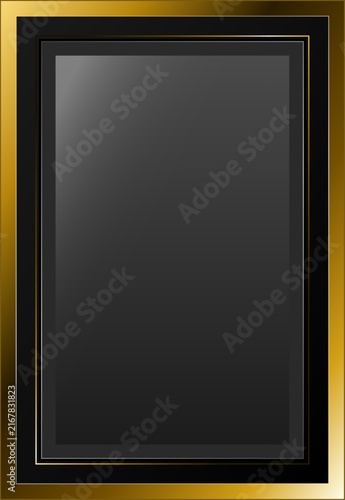 Elegant vertical gold and black rectangular frame border with metallic gradient bevels and dark gray blank copy space, designed as an isolated vector illustration on a white background.
