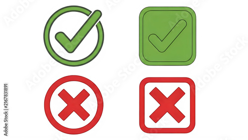 Set of four stylized checkmark and cross icons with green and red colors for approval or disapproval, isolated on transparent background