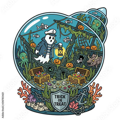 Bild auf Leinwand Ghost Sailor in Underwater Shipwreck Globe