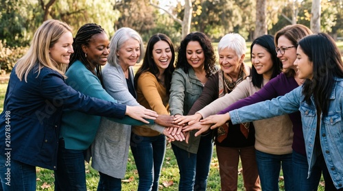 Diverse group of women of different ages and ethnicities joining hands in unity and friendship outdoors