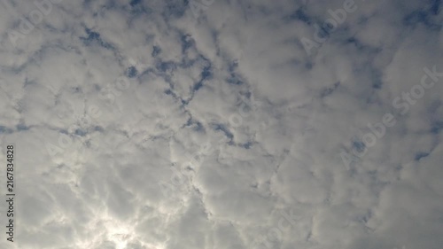 Time lapse of thick white altocumulus clouds moving across the sky with a flock of birds flying by. Dramatic weather and cinematic nature background footage.