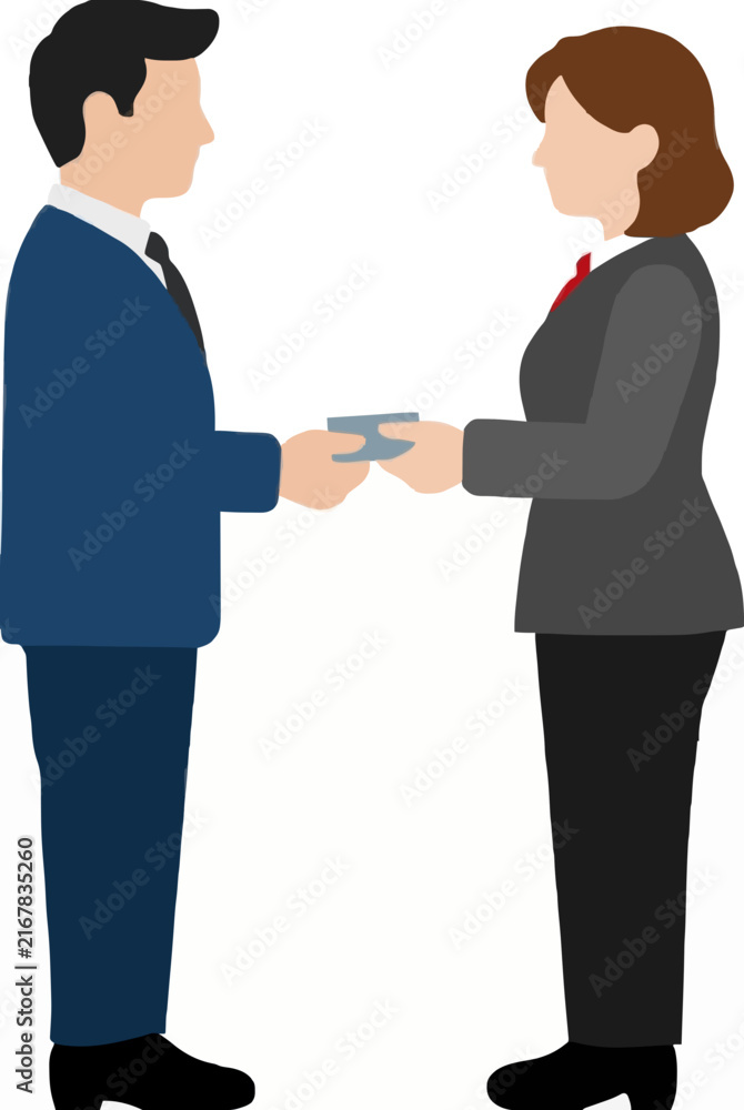 Fototapeta premium Hand-traced vector icon of two professional delegates exchanging business cards, depicted in profile wearing formal business attire against a clean white background