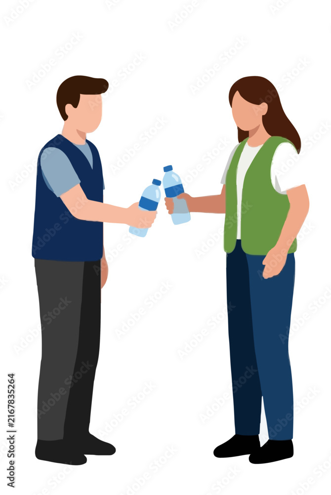Obraz premium Volunteers handing out water bottles in a flat vector illustration showing two people sharing hydration in a community aid scene