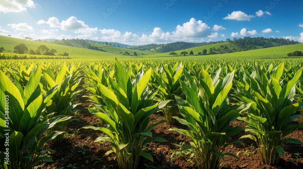 Obraz premium Green turmeric plants grow in organic farm field under blue sky with white clouds. Agriculture crops spread across rural landscape. Sunny day in countryside meadow shows healthy spice cultivation in