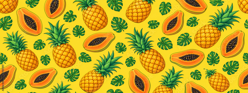 Tropical fruit seamless pattern with pineapples and papayas. Vibrant summer background with exotic monstera leaves. Bright yellow food texture.