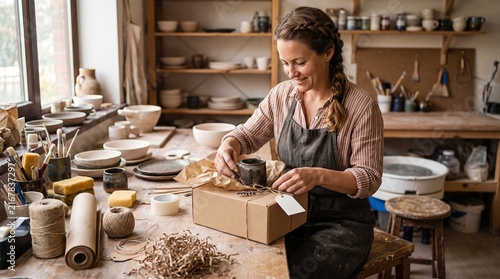 Artisan woman carefully wrapping a handmade ceramic mug in a pottery studio for shipping