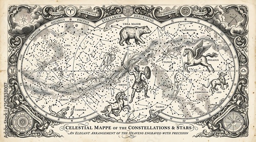 Antique celestial map depicting constellations and stars.