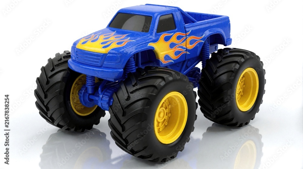 Fototapeta premium Blue monster truck toy with orange flame decals, large black tires on white background. Plastic offroad vehicle model features yellow rims, heavy duty suspension. Fun miniature racing car for kids