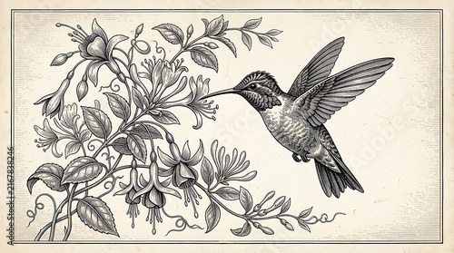 Vintage style engraving illustration of a hummingbird hovering near blooming fuchsia flowers.