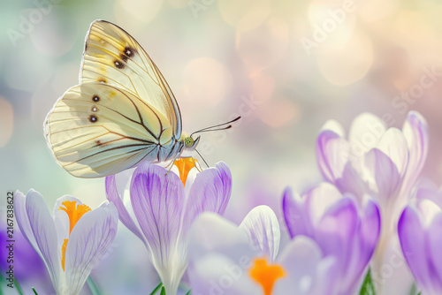 White butterfly on purple crocuses in a garden