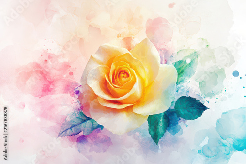 Vibrant watercolor rose with soft pastel background