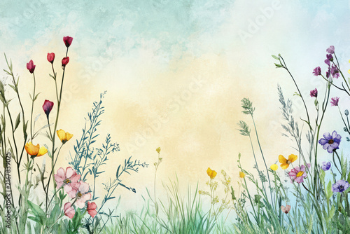 Vibrant wildflower meadow under a golden sky