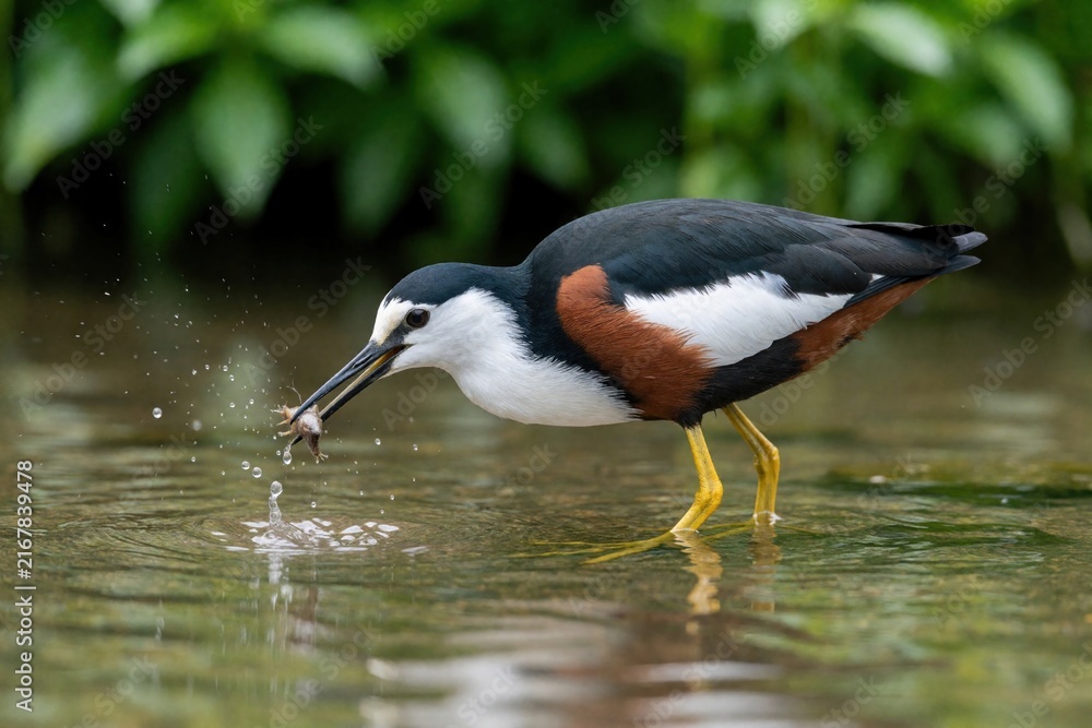 Naklejka premium A white throated swamphipper bird stands in shallow water catching a frog in its beak. The bird has black white and brown plumage with yellow legs. Lush green foliage forms the background.