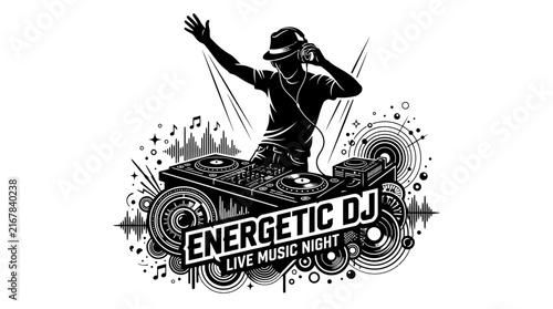 Energetic DJ playing music at a live party night with turntables, sound waves, and dancing crowd illustration