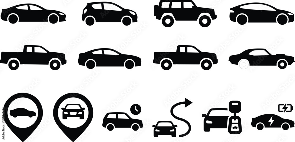 Naklejka premium Car glyph icon set with vehicle navigation transport rental and electric automobile ui symbols